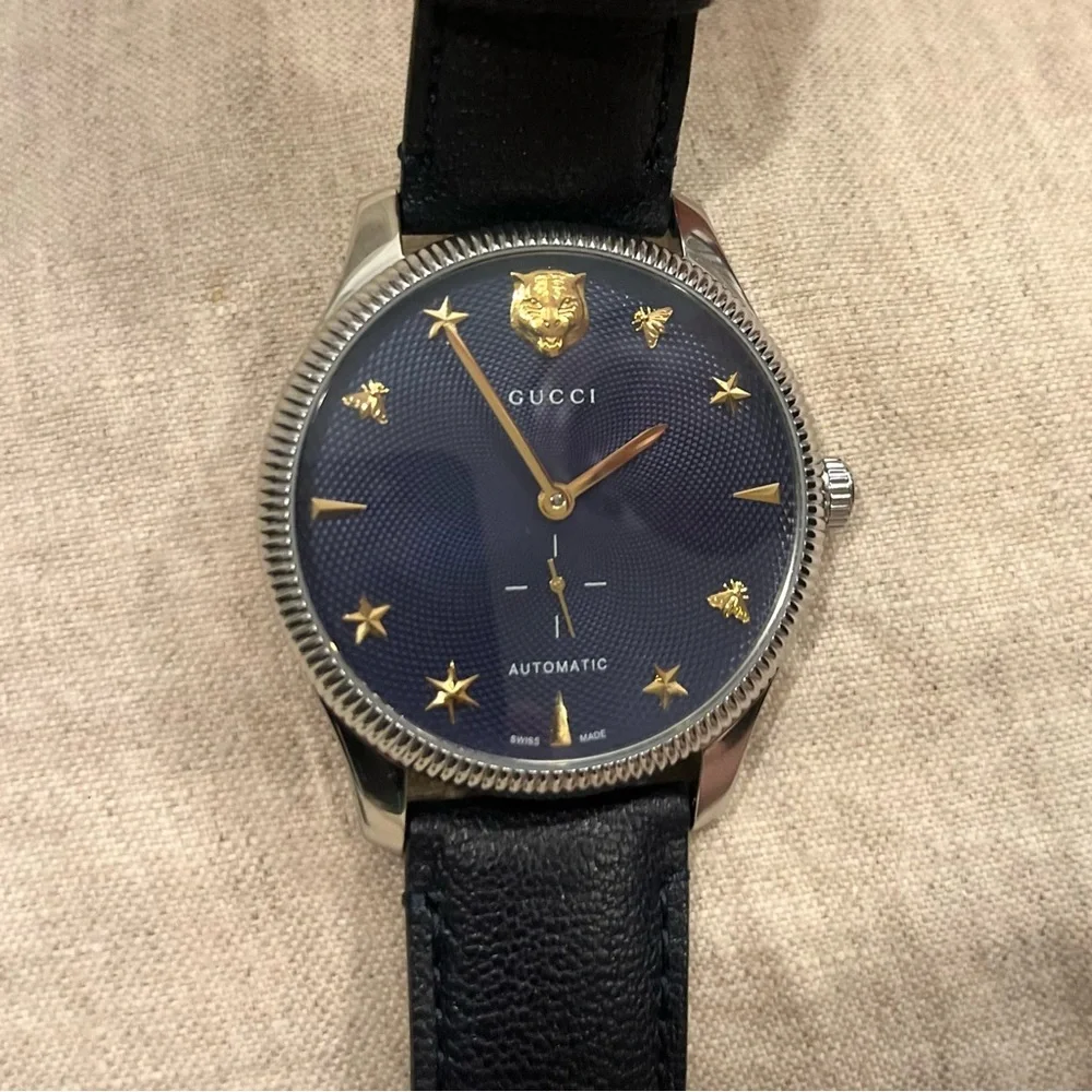 $3950 Gucci G-Timeless 40mm Charm Dial Automatic Watch, Deep Navy Blue